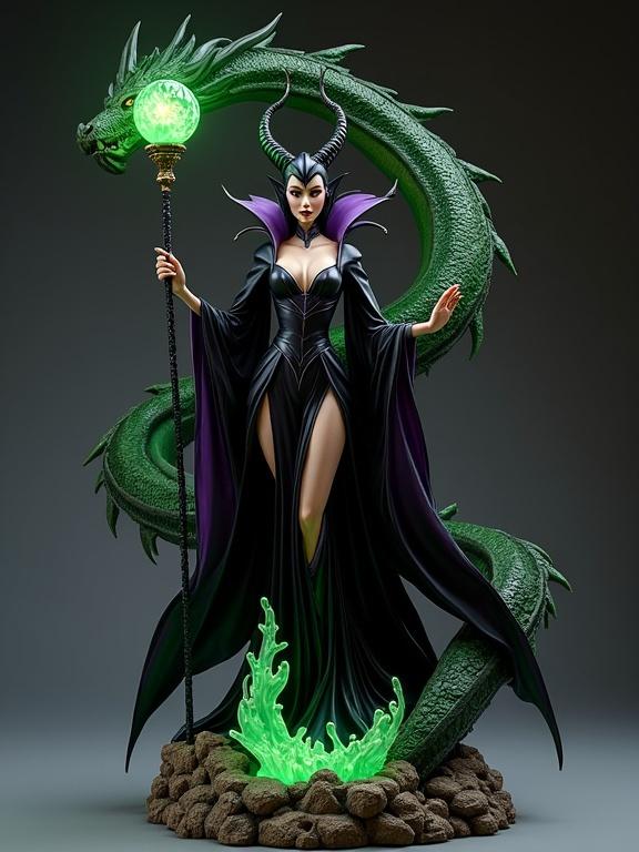 High quality resin sculpture inspired by Disney's Maleficent with dramatic black and purple cape standing on rocky base. She holds a glowing orb staff. A huge dragon is coiled around her with wings outstretched. The sculpture features stunning details and texture with a clean background.