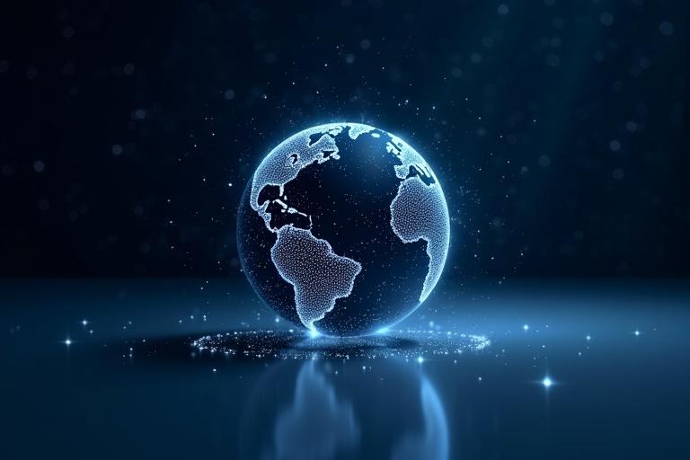 Futuristic design of a glowing Earth sphere on the right side. Sphere has thousands of connection ports. Each port emits light in blue or white. Background is a deep starry night sky. Sphere floats above a sleek reflective surface. Clean design with a focus on technology and connectivity.