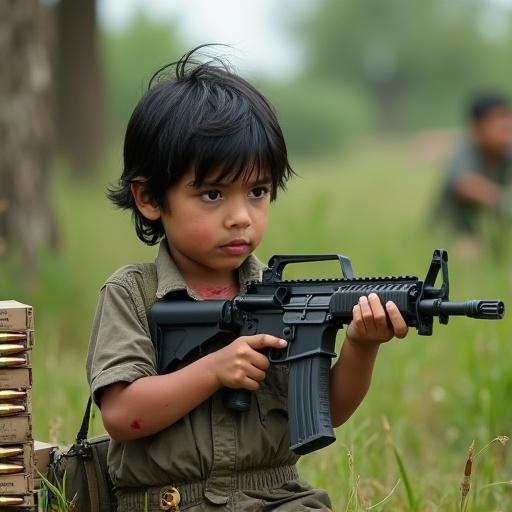 Child soldier stands in a green field. Weapon in hand. Serious expression. Ammunition nearby. Trees surround the area. Conflict visible in the background. Young age of child contrasted with the situation. Child appears injured but resolute.