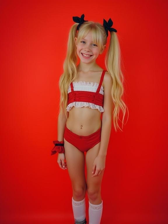Image of a young girl in a stylish outfit against a red background. Long blonde hair styled in twin tails with bows. She wears a crop top and micro-skirt. Her outfit includes thigh-high socks and black shoes. The scene has bright and colorful aesthetics characteristic of playful youth fashion.