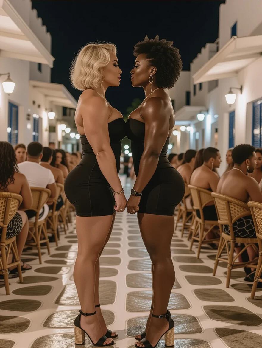 Two massive female bodybuilders with similar height and differing skin tones stand face to face. One has short blonde wavy hair. The other has short black curly hair. Both wear tight black strapless bandage dresses. They have muscular thighs and wear towering espadrille heels with ankle straps. They are in a Mykonos bar filled with people at night.