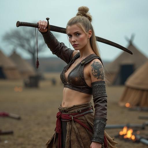 A modern Russian warrior in her 20s with sharp features and long blonde hair in an updo. Deep blue eyes and an athletic build with defined abs and strong limbs. Wearing worn Yuan Dynasty soldier apparel like ragged armor and a sash while holding a curved saber and a composite bow. Tattoos depicting dragons and knot motifs on her body. The background shows an ancient battlefield with yurts and scattered weapons under overcast skies. Ultra-realistic details and textures.