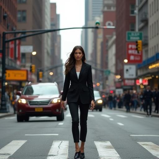 Woman crossing street in professional black suit in New York City. Buildings, vehicles, and urban scene depicted in hyperrealistic cinematic style.