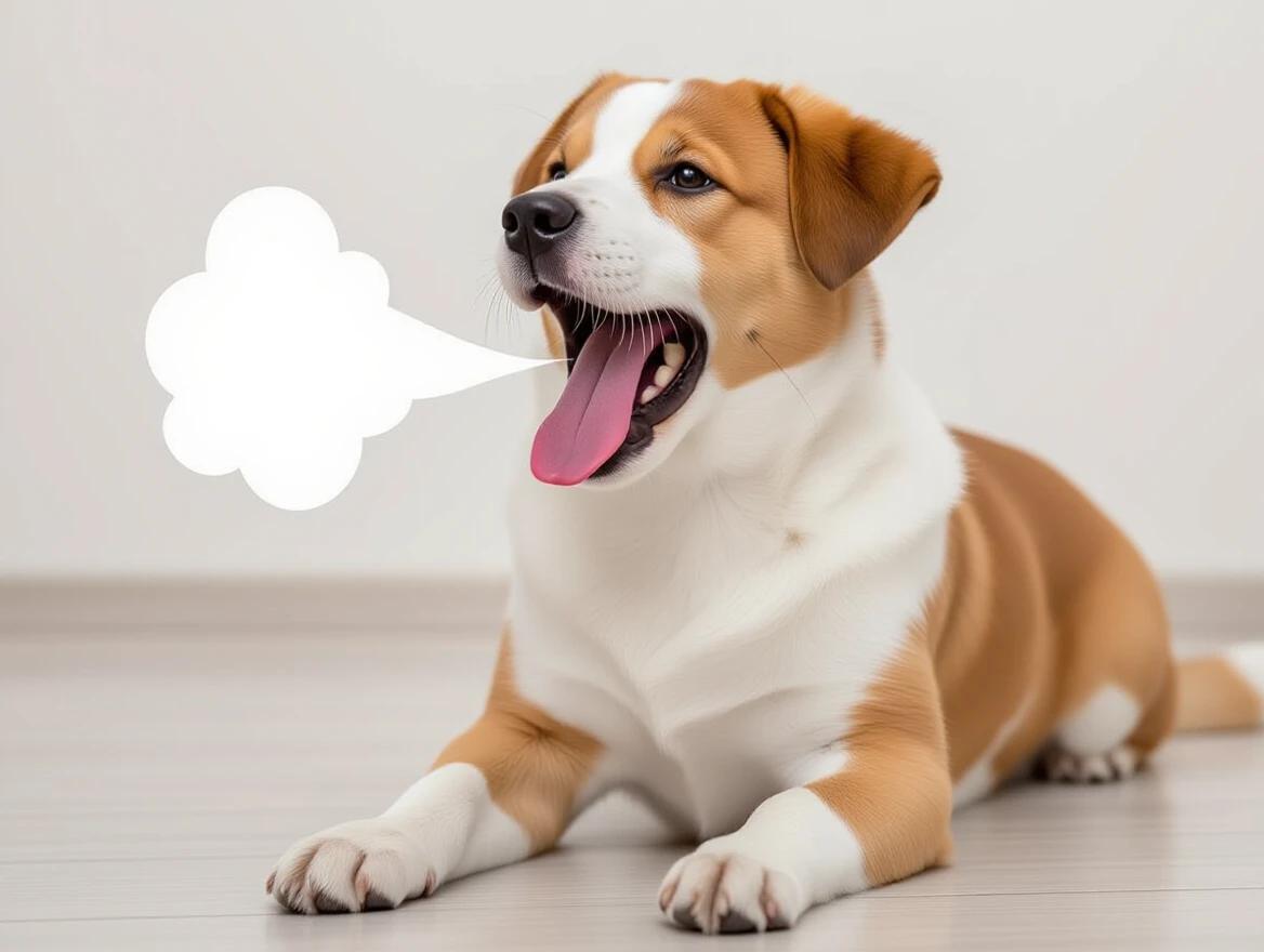A dog lying on the floor with an open mouth. It looks like it's making a sound. A cartoonish speech bubble appears next to it.