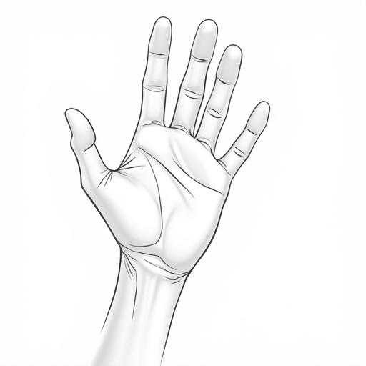 Illustration of an open human palm in black and white. Vector line art style, focused on details of the hand.