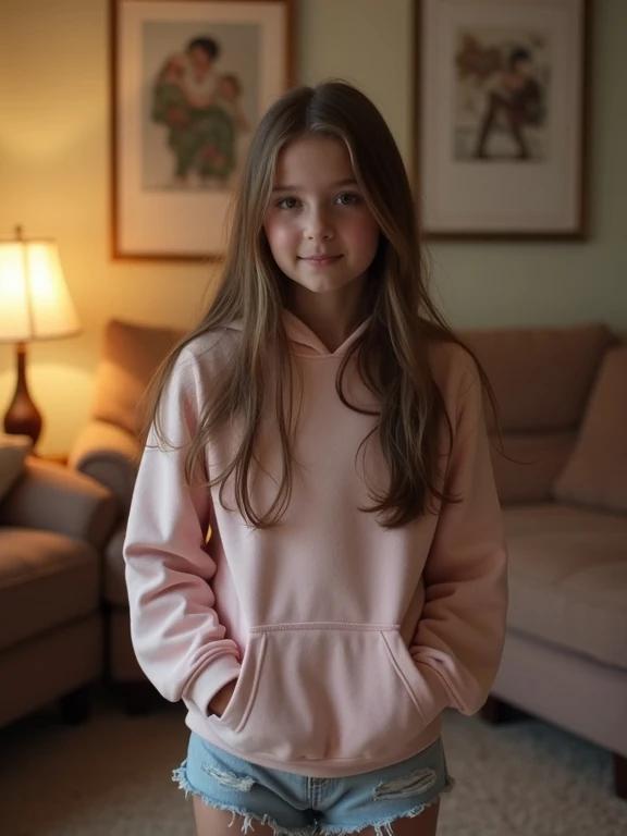 Teen girl stands in a cozy living room. She wears a pink hoodie and micro shorts. The setting is casual with warm lighting. The atmosphere feels relaxed and informal. The focus is on youthful fashion and casual comfort.