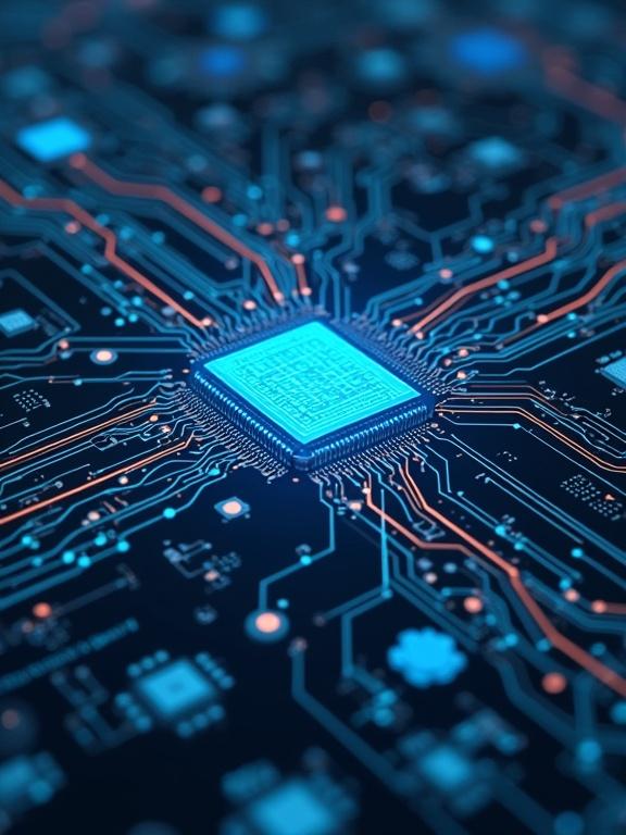 Close-up image of a microchip with circuit board design. Bright blue lighting enhances the technology theme. Central focus on microchip showcases intricate details and connections. Suitable for electronics and engineering context.