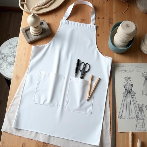 A white artist's apron with a large front pocket on a table. The edges of the apron hang down. In the pocket are scissors, a ruler, and wooden stacks for sculpting. Next to the apron are paper patterns, a notebook, and album sheets with dress sketches.