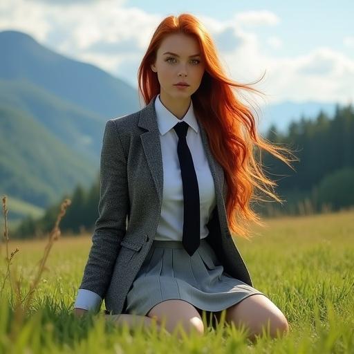 Woman with long flowing red hair wears a grey tweed blazer white shirt and black tie. Kneeling on green grass in a meadow with mountains and sky in the background. Detailed eyes and skin with sharp focus.