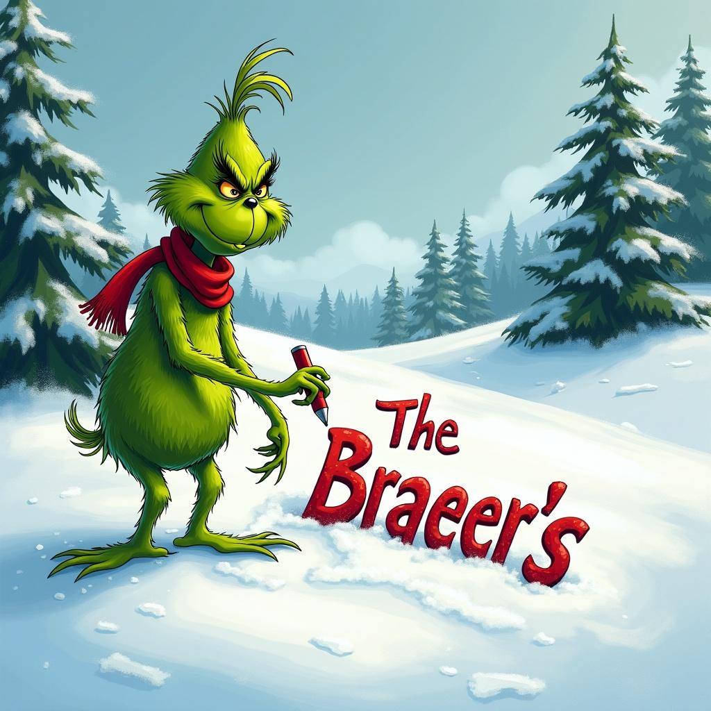 Grinch writing The Braeuer’s in snow. Scene includes snow-covered hills and evergreen trees. Grinch is green with a red scarf.