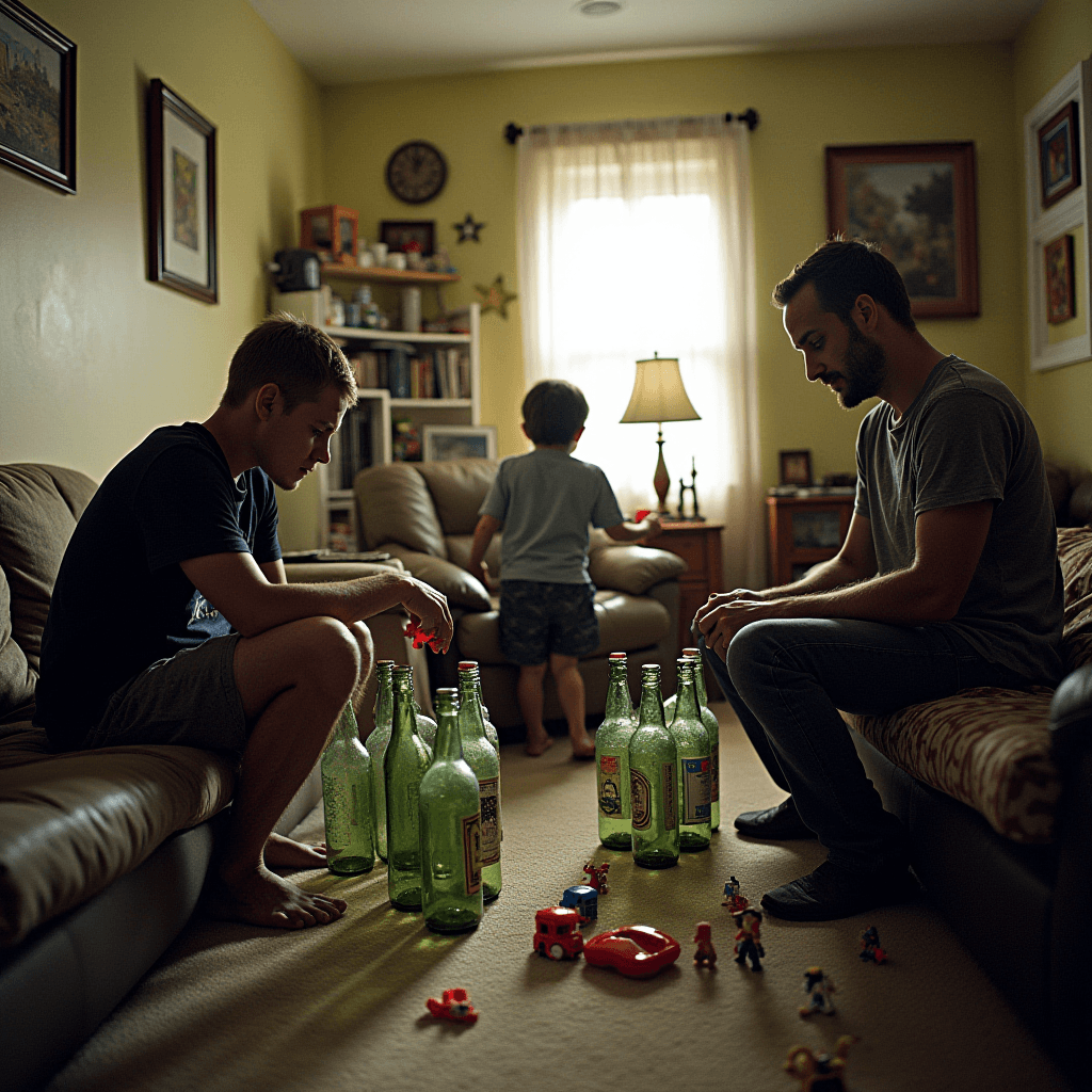 The image depicts a cozy indoor scene where two adult males and a child are engaged in a playful and creative activity. They are seated on opposite sofas in a living room filled with natural light streaming through a window. In the foreground, several green glass bottles are arranged on the carpet, possibly as makeshift barriers or targets. Various colorful toys, including small action figures, toy vehicles, and other plastic items, are scattered around them, suggesting a game or crafting session.

The walls of the room are adorned with framed artwork, adding a personal touch to the space. A shelf filled with books and decorative items is visible in the background, along with a standing lamp that provides additional warmth to the atmosphere. This setting emits a sense of relaxed familial leisure, where creativity and community are shared among family members.