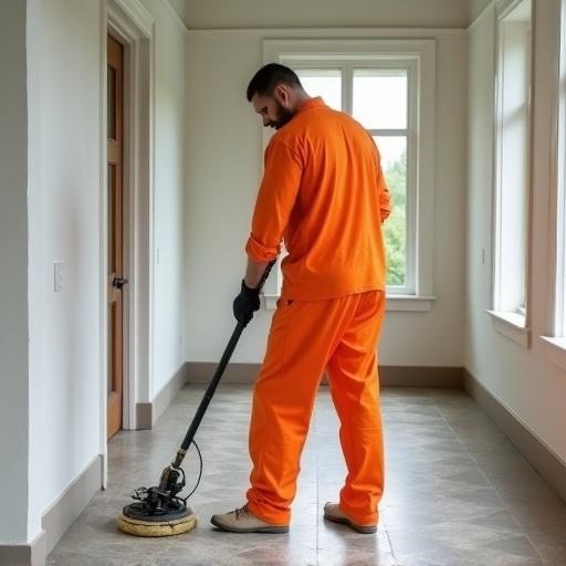 A man is polishing floors in an interior space. He is dressed in an orange jumpsuit. The setting features large windows with natural light. The floor has a shiny finish. The man is using a buffer tool to clean.