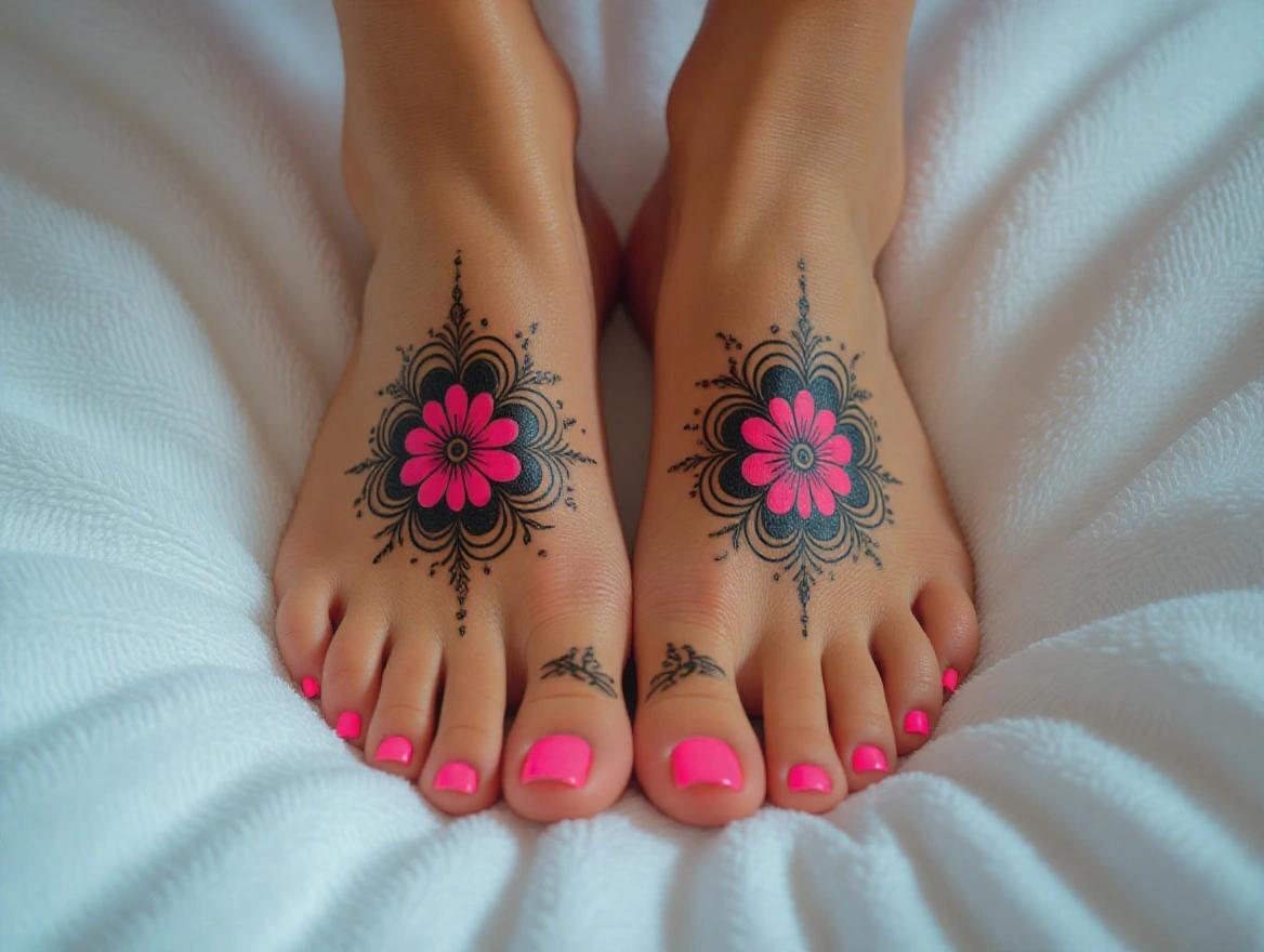 Feet featuring floral tattoos and neon pink nail polish. The background is soft and textured.
