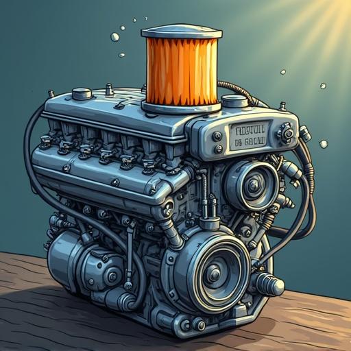 Image of a cartoon-style engine with an oil filter. The engine is detailed with a cylindrical body. A prominent orange oil filter sits on top. The background is simple, enhancing focus on the engine.
