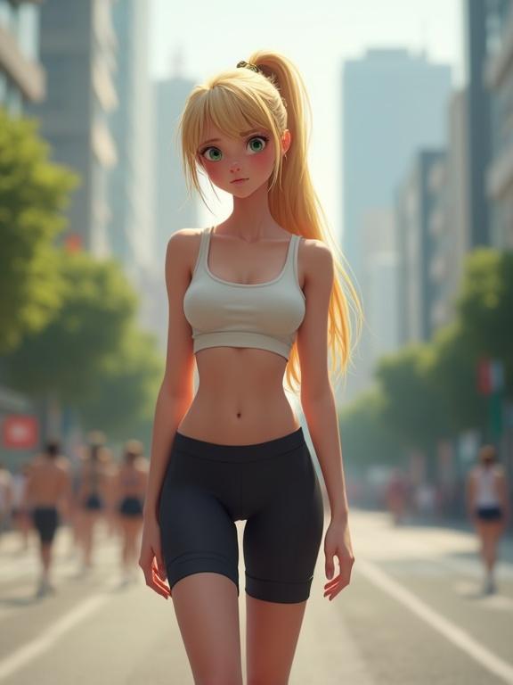 Photorealistic image of a pretty teenage girl in a modern city. She has a long blonde ponytail, smooth pale skin, and big green eyes. Her skinny body shows an embarrassed expression. Wearing a tube top and spandex bike shorts, she stands timidly and is blushing. The image is zoomed out for a full body shot.