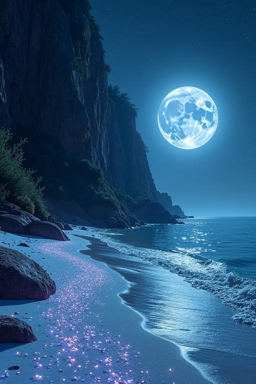 Advertising poster style showcasing a moonlit beach. Soft white coral sand mixed with bioluminescent shells. Water shimmers with star reflections. High cliffs covered in ivy. Professional and eye-catching.