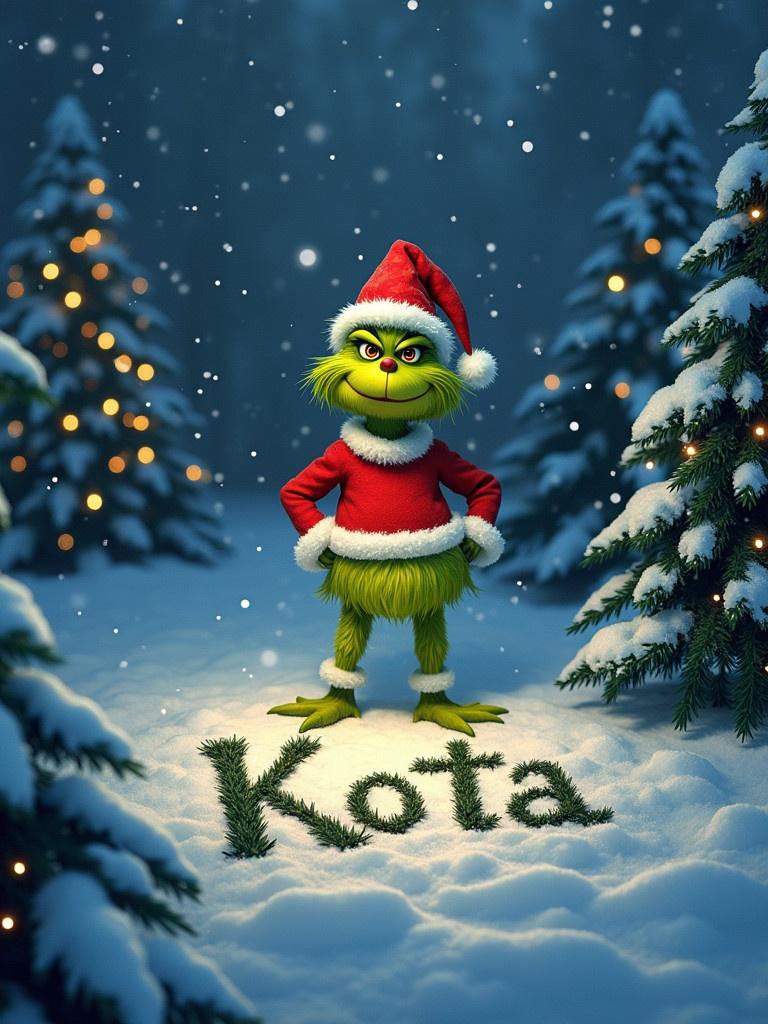 The Grinch wears a Santa outfit. The Grinch writes the name Kota in the snow. Christmas trees with lights are in the background. Snow is falling gently.