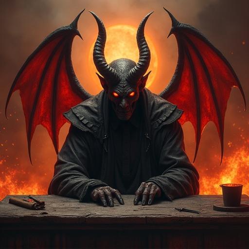A hyper-realistic demon sitting at a demonic desk with infernal details. The background evokes Hell.