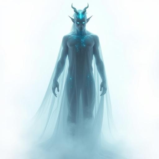 Full-body view of a male tiefling ghost with semi-transparent body and glowing features. The figure has glowing blue light from within. Translucent horns and hair tied in a high ponytail. Legs fade into mist wearing a flowing spectral robe. Ethereal form blends into a background of fog with glowing particles. Painted in a misty dreamlike style with soft edges.