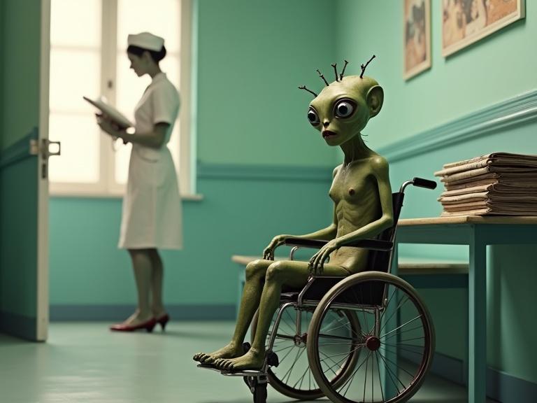 An alien in a wheelchair with a terrified expression sits in a brightly lit doctor's office. The alien stares sideways. A zombie nurse in a vintage uniform enters through a door. The nurse has mottled skin and visible bones. The office has a side table with old magazines.