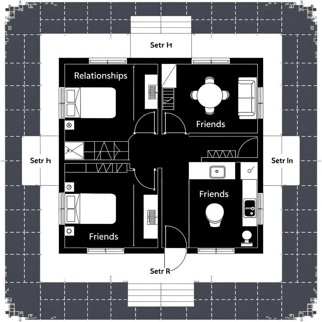 Simple 2D floor plan in black and white featuring an apartment house designed according to Feng Shui principles. House divided into nine areas with expanded Relationships area in the top left and reduced Friends area in the top right. Basic elements like beds, tables, sofas, sinks, and toilets shown with thin lines for a minimalist layout suitable for book printing.