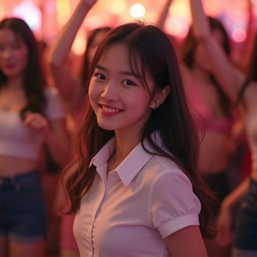 A young Asian girl with brown hair and a smile wearing a white collared shirt. She stands out among a crowd wearing a shirt with short sleeves. Her arm is raised as she dances in a vibrant party environment. The setting includes multiple girls with long hair enjoying the music and atmosphere.