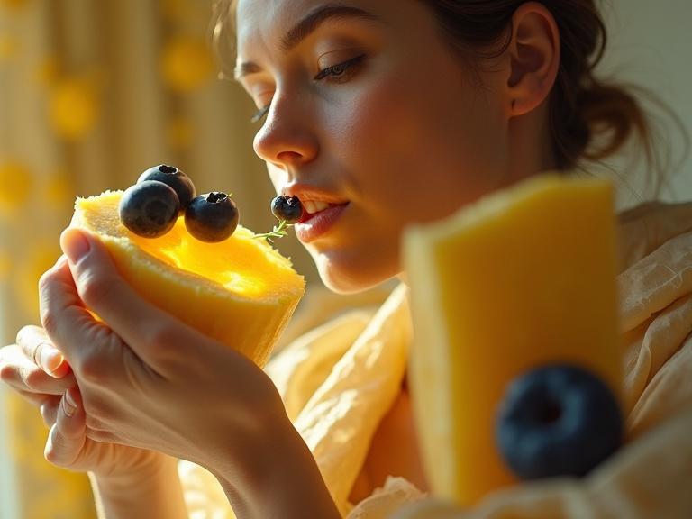 Focus on a slice of cheesecake decorated with blueberries. Bright yellow tones dominate the scene. The image captures a close-up view emphasizing the deliciousness of the dessert. Soothing lighting enhances the visual appeal of the cheesecake. A warm and inviting ambiance prevails in the composition.