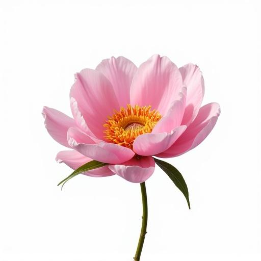 Photorealistic image of a peony flower in the center. Background is white. Natural lighting creates a clean composition. Image is a medium shot.