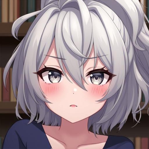 Close-up of an anime girl with grey gradient hair. She has long eyelashes and thick eyebrows. There is an ahoge and a medium updo with a ponytail. She displays a smug expression with pink blush, grey eyes, and pink eyeshadow. Her lips are pink and glossy. The character wears a dark blue top. Background features a library setting.