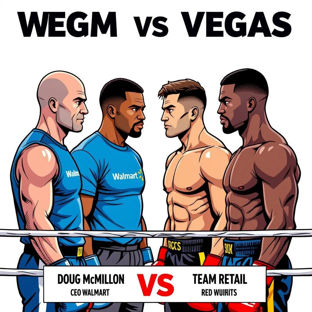 Square-format cartoon-style illustration resembling a Las Vegas fight poster. Four male characters positioned as two versus two, facing off like boxers in a tense pre-fight standoff. Background is pure white with empty space above their heads and around their backs. No text or props. Team Retail features Doug McMillon, wearing a Walmart blue sleeveless shirt. Brian Cornell behind him wears a red Target shirt. Team Tech features Shantanu Narayen in a red Adobe shirt. Tim Cook behind him in a black Apple shirt. All characters shown in profile view with serious expressions. Two have fists raised in boxing stance while two have fists down. Clean and modern cartoon style with strong outlines and bold colors, emphasizing tension without caricatures.