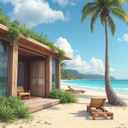Beach house made of wood near the ocean. Tropical palm trees surround the house. Soft sand beach and clear water in the background.