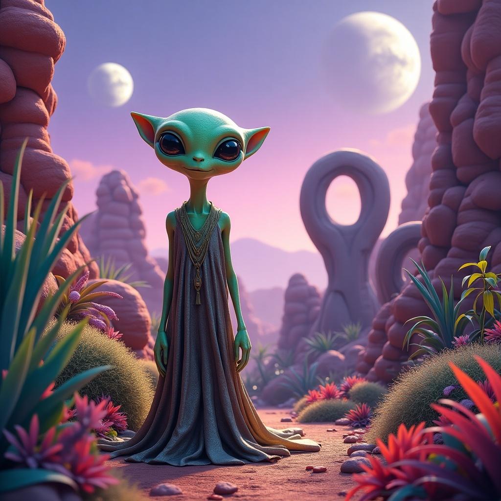 An alien character stands in a surreal landscape, wearing a gown. Background includes whimsical elements and multiple planets. Bright, vivid colors dominate the scene.