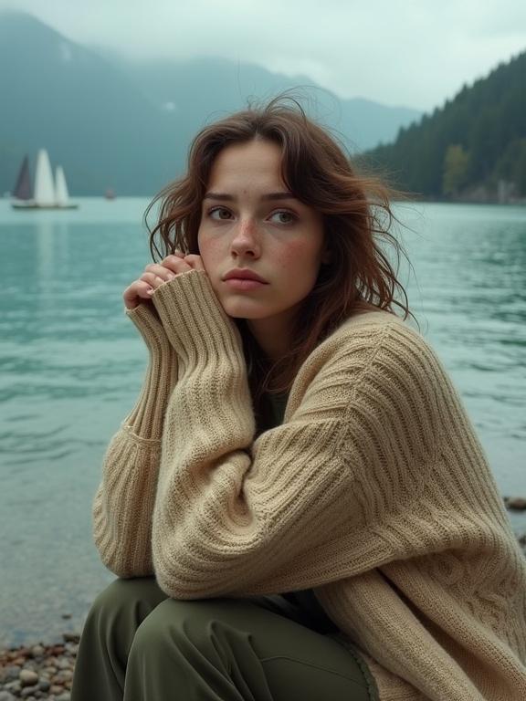 Cinematic portrait of a young woman by a teal lake. Tousled chestnut hair. Freckled skin. Oversized cable-knit sweater. Expression of vulnerability. Misty mountains in background. Overcast lighting. High detail and quality.