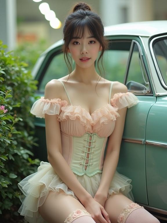 Full body shot of a lady in a pastel-colored frilly outfit. Sitting on a car door, facing camera at a car exhibition. Ensemble includes a corset top with lace and frills. Her hair is tied, and she wears pale pink stockings. Expression is serene. Soft indoor lighting enhances details. Greenery surrounds the setting. Ultra low angle shot creates a vintage ambiance.