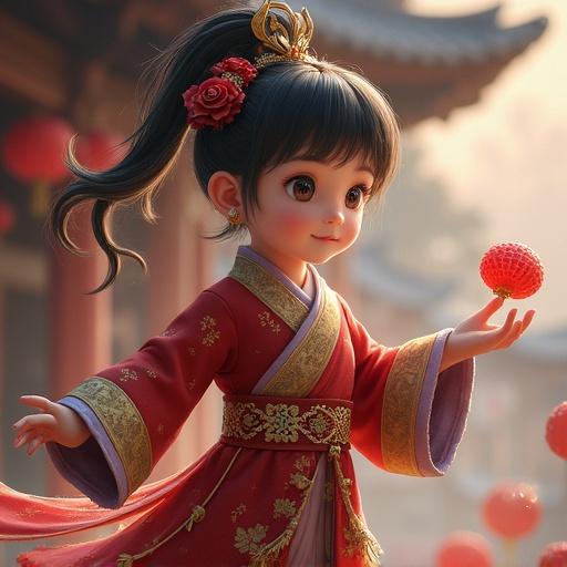 A young girl smiles and walks lightly. A passerby waves hello. Mid-shot of a traditional street with red and gold elements. Soft morning sunlight on the scene. Antiquated houses line the streets with few pedestrians.