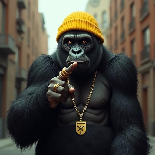 Realistic digital CGI illustration of an anthropomorphic gorilla in an alleyway with human features. Gorilla has big reflective eyes and a melancholy expression. Sticking out his center finger at the viewer. Wears a yellow knit cap, gold chains, and gold rings. Harsh lighting flattens shadows emphasizing fur and posture. Centered composition with a distant gaze. Surreal space enhances irony and elegance.