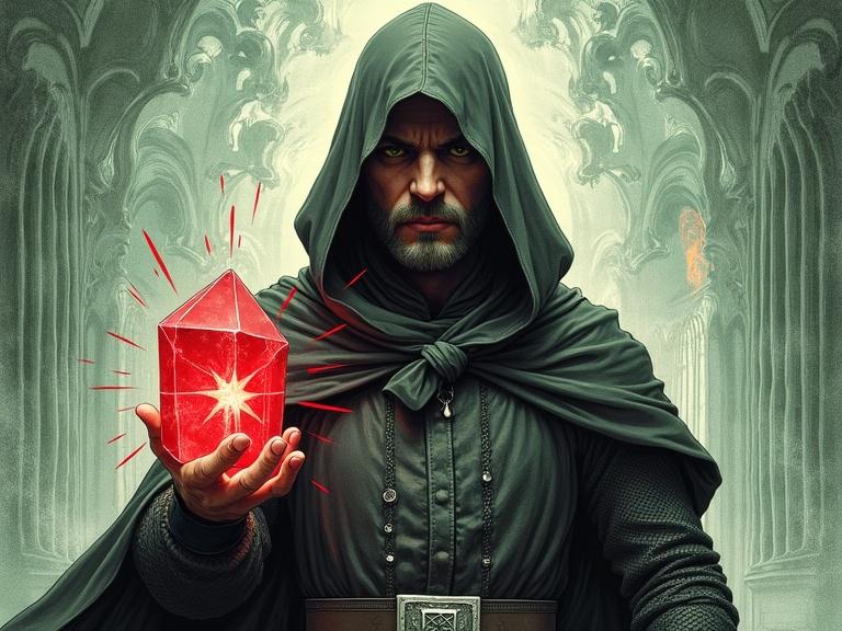Medieval engraved style illustration. Mysterious hooded male figure holds a red crystalline gemstone. Dynamic, slightly low-angle perspective makes him appear imposing. Dark gray hooded cloak obscures face. Strong jawline, trimmed goatee, serious expression. Dark green eyes visible. Textured pattern of dark leather garment. Medieval belt with rectangular silver buckle. Left hand clenched into a fist at waist. Right hand cradles roughly cube-shaped red gemstone. Gemstone emits bright, white light with starburst flares. Intricate patterns visible within crystal. Background features swirling lines and shapes in light green, white, pale blue. Hints of stylized architecture. Cool color palette, alchemical potions. High detailed image in black and white, chiaroscuro style.