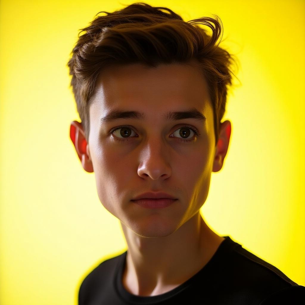 Portrait of a young man with a serious look against a bright background. Focused expression and full lighting highlight subject.