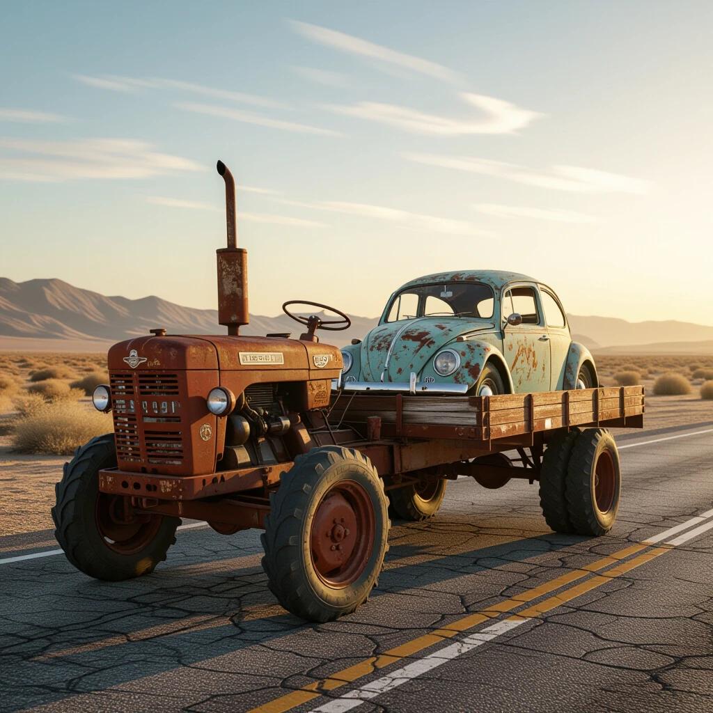 Ultra realistic photograph of a 1950s industrial tractor. Tractor shows heavy rust and decay. It's hauling a flatbed trailer. Trailer contains a pristine but rusted VW Beetle. The scene is set on a desert highway at sunset. The shot is low-angle showing details of the tractor. Dust clouds rise from wheels and bokeh effects are visible in the background.