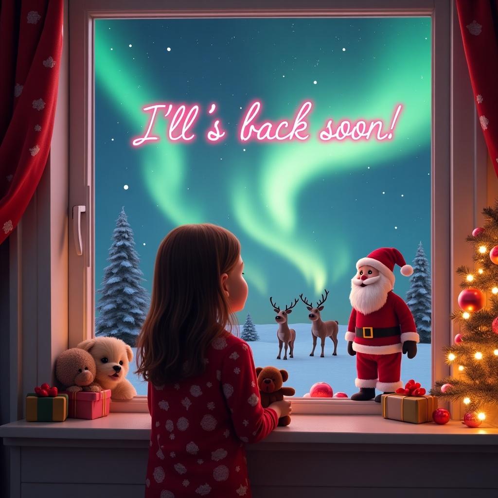 A young girl with brown hair wearing Christmas pajamas stands at a window, holding a teddy bear. The scene is magical, with an elf writing 'I'll be back soon!' in pink sparkling light. Outside, reindeer, Santa Claus, and another elf are visible against the backdrop of stunning northern lights. The window is adorned with soft twinkling lights and a decorative Christmas tree nearby, enhancing the festive feeling. This image captures a charming holiday moment, evoking wonder and joy.