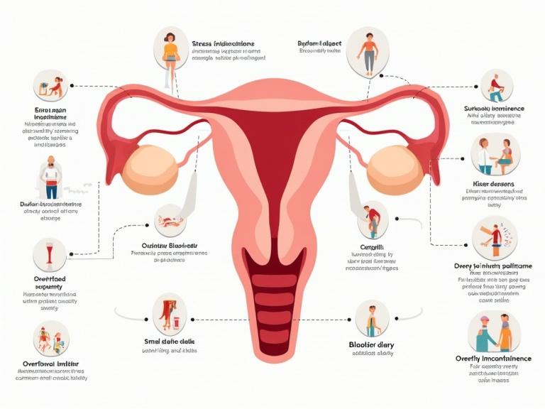 Informative diagram of the urinary system with annotations for urinary incontinence types. Central illustration shows bladder and anatomy. Sections include stress urinary incontinence, urge urinary incontinence, mixed incontinence, overflow incontinence, and functional incontinence. Each type has icons for scenarios and causes. Incorporates bladder diary and checklist. Uses soft medical colors and clear labels for simplicity.