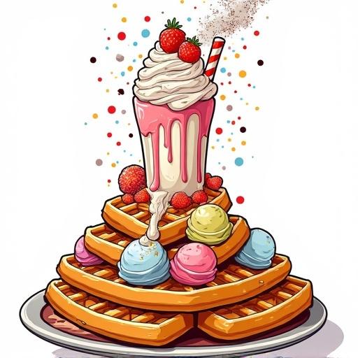 Colorful illustration depicts a volcano made from dessert elements with stacked waffles forming the base and pastel ice cream scoops forming the body. At the top, a tall freakshake erupts with whipped cream and toppings. Features thick black outlines and flat colors without shading or textures.