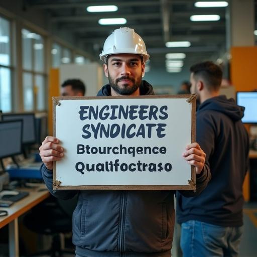 An image shows an engineer in a workshop holding a sign that reads Engineers Syndicate - Daraa Branch - Training and Qualification. Part of a computer lab visible where male and female engineers are training. Another lecture hall also visible with a similar attendance.