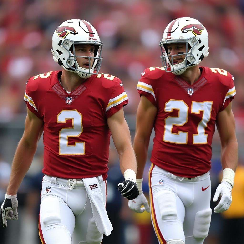 Football players Rashee Rice and Christian McCaffrey standing in competitive poses. Both players wear red uniforms with contrasting details. A field setting in a stadium atmosphere provides excitement.