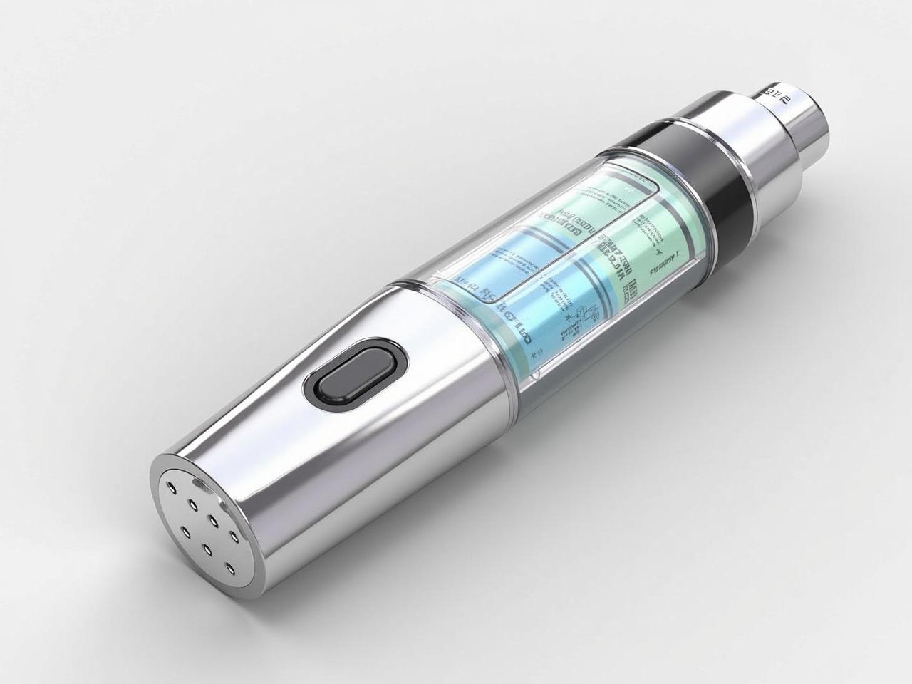 The image features a sleek and modern fragrance dispensing device. It has a cylindrical shape with a glossy, transparent outer casing, revealing colorful liquid cartridges inside. Measuring approximately 4 inches high and 1.5 inches in diameter, it is compact enough to carry in your pocket. The top has a rounded atomizer for fine mist release, and a user-friendly button is situated on the side. A small charging port is located at the bottom, enhancing its usability in everyday life.