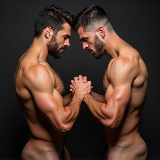 Two muscular men wrestling barefoot and shirtless. Dynamic pose with intense expressions. Strong focus on the interaction of their arms.