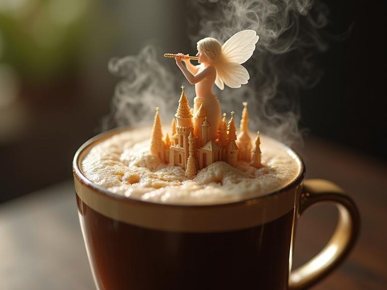 Extreme close-up of a ceramic mug filled with hot dark coffee topped with off-white milk foam. Foam shaped into a detailed medieval castle with tiny turrets and battlements. Steam rises in delicate swirls. A translucent fairy figure formed by steam, playing a tiny flute. Soft, warm lighting highlights the textures of coffee and foam. Mood feels whimsical and cozy.