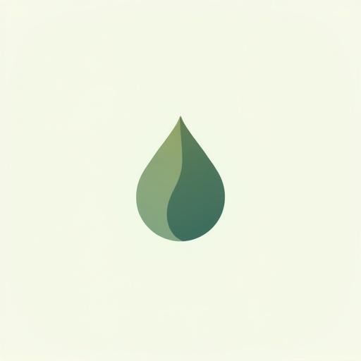Minimalist logo featuring a leaf growing from a water droplet. Leaf in forest green and droplet in soft sage. Clean and elegant design suitable for digital and print. Simple line art with subtle gradients.