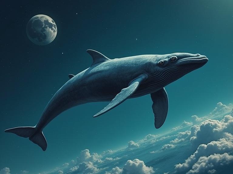 Hiper realistic illustration shows a whale floating in space. The style reflects 70's vectorial lithography with a cosmic backdrop and vibrant colors.