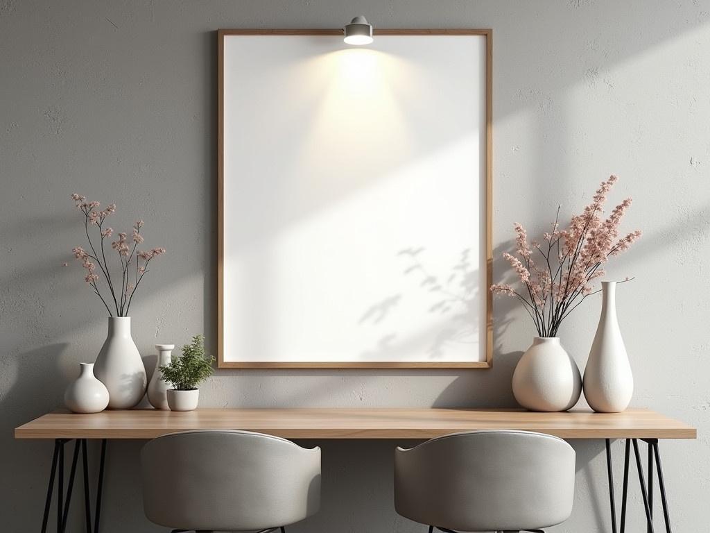 This is a mock-up of a frame being displayed directly without any obstacles in front of it. The frame is prominently mounted on a textured gray wall, allowing it to stand out clearly. A soft front light illuminates the frame, emphasizing its details and making it a focal point of the image. Surrounding the frame are decorative elements, such as unique vases and a small arrangement of flowers, enhancing the overall aesthetic. The furniture in the setting features a stylish wooden table with modern chairs, providing a contemporary vibe. The overall composition is clean and minimalist, perfect for showcasing the frame.